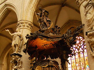 Baroque pulpit by Hendrik Frans Verbruggen at the Cathedral of St. Michael and St. Gudula in Brussels