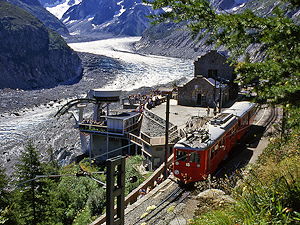 The train leaving Montenvers station by the Mer de Glace