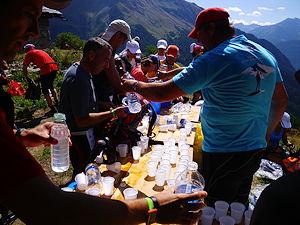Water station along the Ultra Trail Mont Blanc in Chamonix