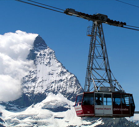 The gondola going to Glacier Paradise with Matterhorn in the background