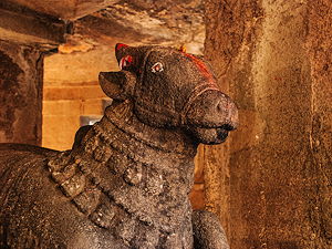 A Nandi Bull Statue at the Pataleshwar Cave temple in Pune, India 