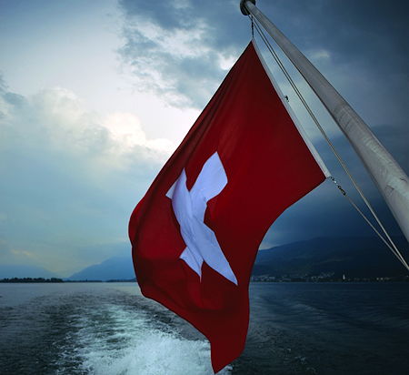 The flag of Switzerland on boat at Lake Zurich in Switzerland