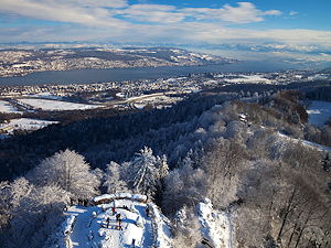 Panoramic view from the top of the observation tower on Uetliberg next to the Uto Kulm hotel